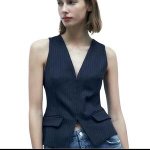 Zara Blue & White Pinstripe Hook Eye Closure V- Neck Tailored Vest, Size XS